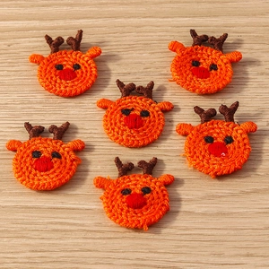 Set of 6 handmade crochet reindeer patches in orange yarn for DIY Christmas crafts