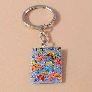 Colorful butterfly oil painting acrylic square keychain with silver metal ring and chain