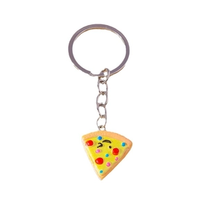 Cartoon pizza keychain with blinking expression and silver ring on white background