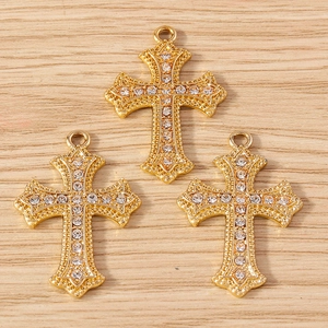 Vintage gold cross pendants with sparkling rhinestones for jewelry making DIY