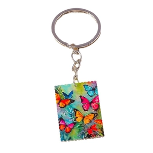 Colorful butterfly oil painting keychain with stamp-style rectangular acrylic pendant