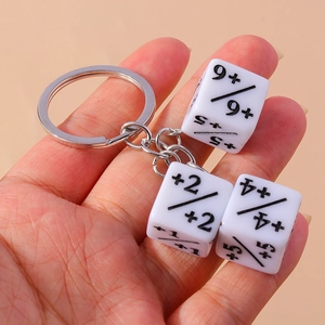 Detail view of silver metal keychain with white MTG dice counters held in hand