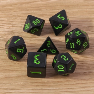 Detailed close-up of 7-piece polyhedral dice set on light wood background for TRPG gaming