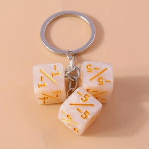 Creative marble texture dice keychain with silver ring and golden numerical engravings