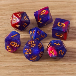 Macro detail of 7-piece polyhedral dice set featuring nebula purple and red resin textures