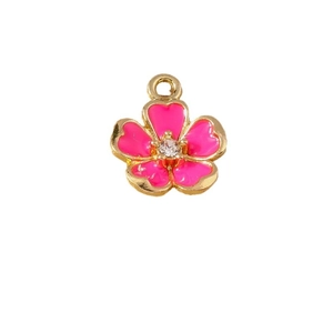 Pink enamel flower pendant with gold plating and sparkling zircon center for DIY jewelry