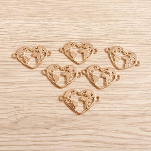 Golden heart-shaped world map hollow pendants for DIY jewelry making set of 6 pieces