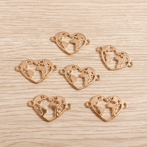 Hollow Heart World Map Pendants Alloy Electroplated Double Loop Connectors For DIY Bracelet Necklace Making Gold Jewelry Findings