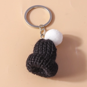 Handmade knitted mini beanie keychain with white pompom and silver metal ring