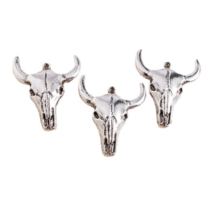 Three vintage silver electroplated alloy bull skull pendants for DIY jewelry making crafts