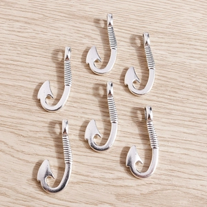 Set of six vintage silver fish hook charms in alloy for DIY jewelry and crafts making