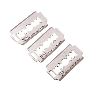Three pieces of polished stainless steel razor blade shaped pendant tags in silver