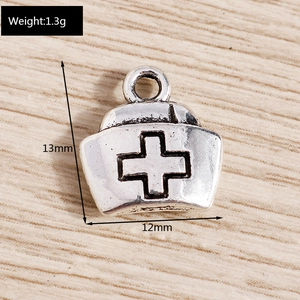 Detail of antique silver nurse hat charm with cross, 13x12mm DIY jewelry pendant