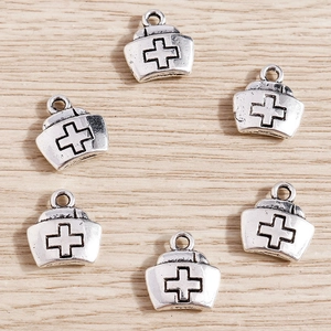Antique silver alloy nurse hat charms with cross symbol for DIY jewelry making