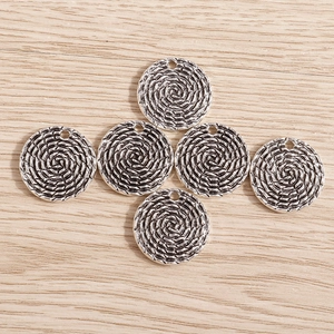 Set of 6 vintage silver alloy round spiral charms with woven texture for DIY jewelry making