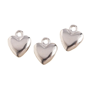 Three minimalist 3D heart-shaped silver alloy charms with polished finish and rings