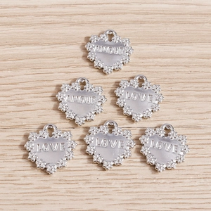 Silver alloy heart pendants with floral edges and LOVE AMOUR engravings for DIY jewelry