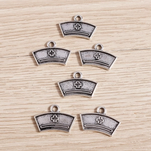 Vintage silver nurse hat charms for jewelry making, pack of six alloy pendants