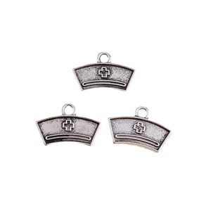 Retro antique silver alloy nurse hat charms for DIY jewelry making featuring cross design