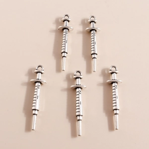 5-piece set of antique silver alloy syringe pendants with embossed scale for DIY jewelry making