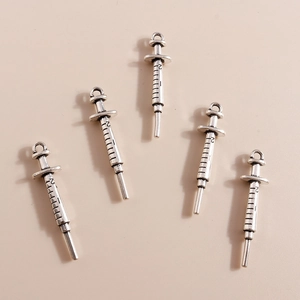 Vintage Alloy Syringe Shape Pendant Antique Silver Metal Charms With Scale Markings For DIY Jewelry Making Handcraft Accessories