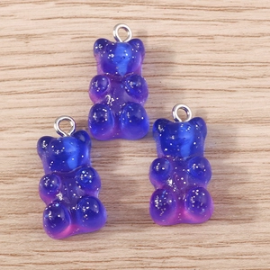 Three gradient blue-purple resin bear charms with silver loops and glitters for DIY jewelry