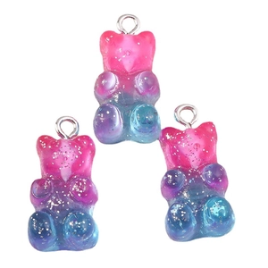 Three gradient resin bear pendants with glitter and silver metal rings for DIY jewelry making