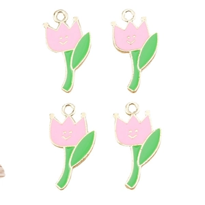 Pendenti a tulipano rosa smaltati con faccine sorridenti e ganci placcati oro