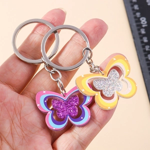 Porte-clés Papillon Arc-en-ciel Coloré en Acrylique à Paillettes Pendentif Sac pour Femmes Filles Étudiants Cadeau