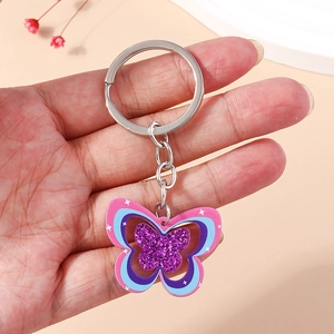 Porte-clés papillon arc-en-ciel en acrylique avec paillettes mauves et anneau argent