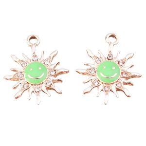 DIY sunflower pendants with green enamel smiley face and sparkling crystals in gold plating