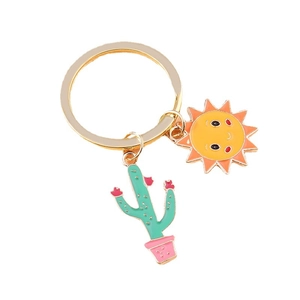 Porte-clés tournesol et cactus avec soleil souriant et petit pot de plante rose