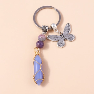 Detail of a purple hexagonal crystal keychain with butterfly charm and wire wrap