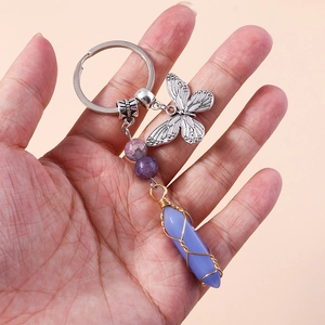 Detailed close-up of a purple hexagonal crystal key ring with a silver butterfly charm