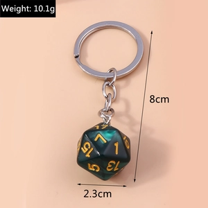Detail showing 8cm length d20 dice keychain with green marble resin and gold numbers