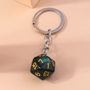 Unique D20 polyhedral dice keychain with dark green finish and gold numbers for bags