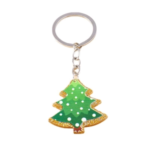 Cartoon Christmas tree keychain with green layers and gold glitter edges on white background