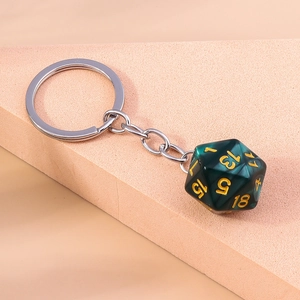Minimalist D20 dark green resin dice keychain with gold numbers on metal ring
