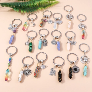 Bohemian Natural Stone Hexagonal Pillar Keychain Butterfly Hamsa Hand Angel Planet Crystal Wire Wrapped Bag Pendant