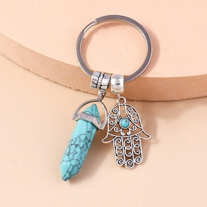 Vintage silver Hamsa Hand keychain with turquoise hexagonal pillar and metal ring