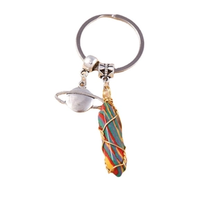 Colorful hexagonal pillar gemstone keychain with silver planet charm and wire wrapping