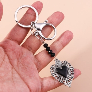 Gothic butterfly cross keychain with silver hollow heart pendant and black beads