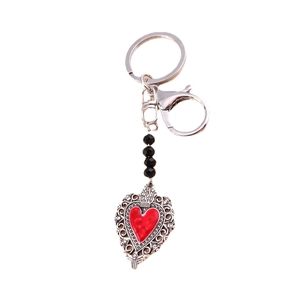 Gothic butterfly heart keychain with red enamel pendant and black faceted beads