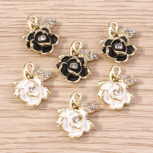 Luxurious rose flower pendants with rhinestones in black and white finish, set of 6