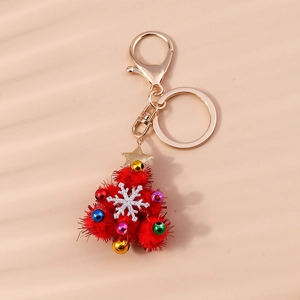 Christmas tree keychain with red plush balls, tiny colorful bells and golden star ornament