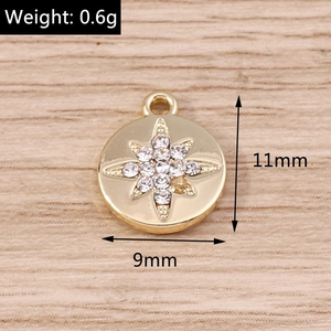 Macro detail of a 9mm gold-plated starburst coin pendant with white zircon inlays