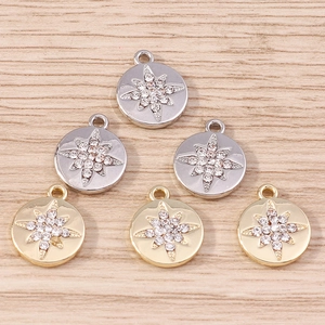 Set of 10 round coin pendants with inlaid octagonal star and rhinestones in gold and silver