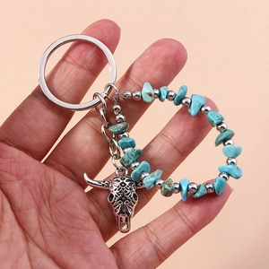 Retro Bohemian Bull Head Keychain Synthetic Turquoise Stone Key Ring For Bag Clothing Decoration Women Gift