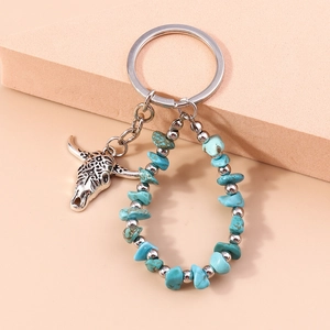 Vintage bohemian turquoise key ring with a silver bull head pendant for bags