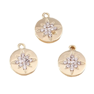 Pack of 10 gold-plated round starburst coin pendants with sparkling zircon crystal inlays